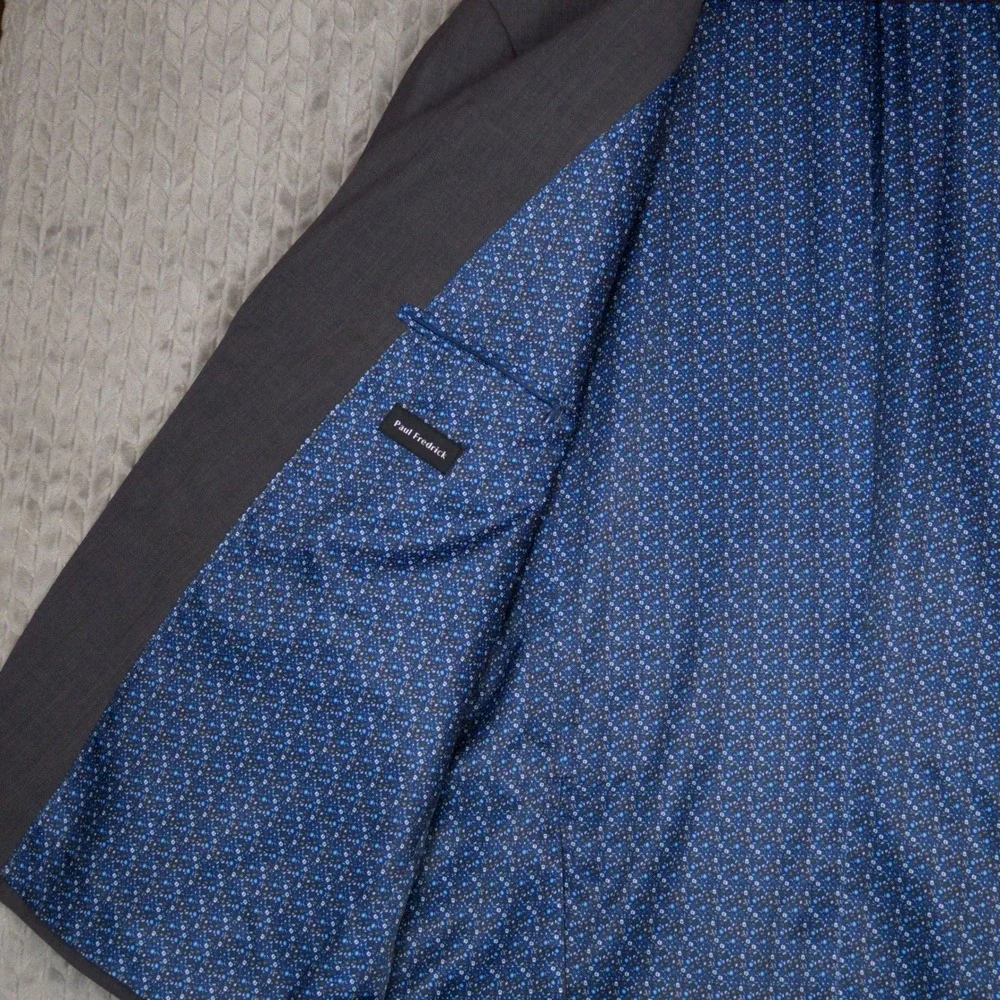 Paul Fredrick Blazer Men 52L Grey Sport Coat Wool Blend Stretch Floral Pattern